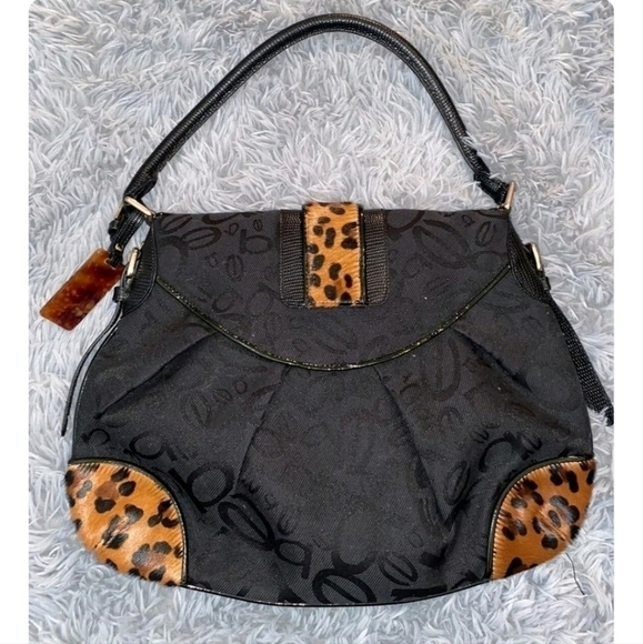 Bebe Black Animal Print Details  Faux Fur Studded Shoulder Bag Hand Bag - Picture 3 of 13